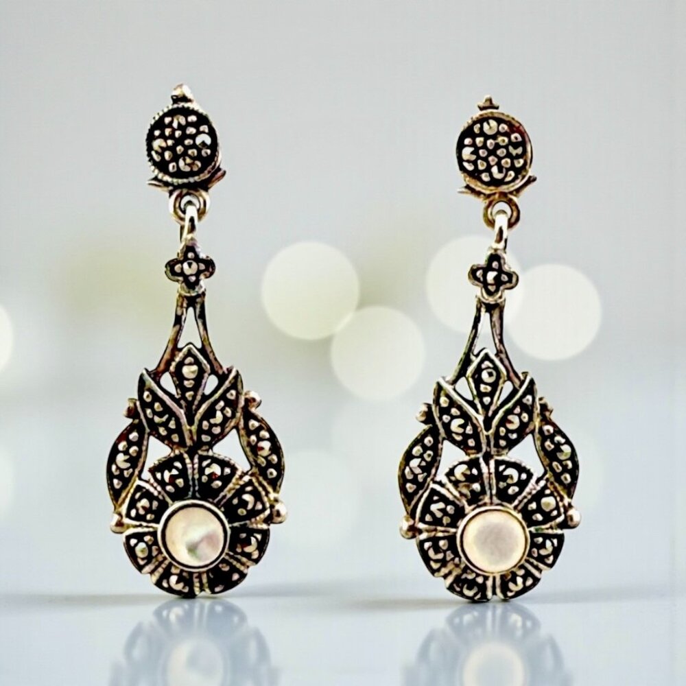 Vintage Sterling Silver Mother of Pearl & Marcasite Earrings – Art Deco Floral D
